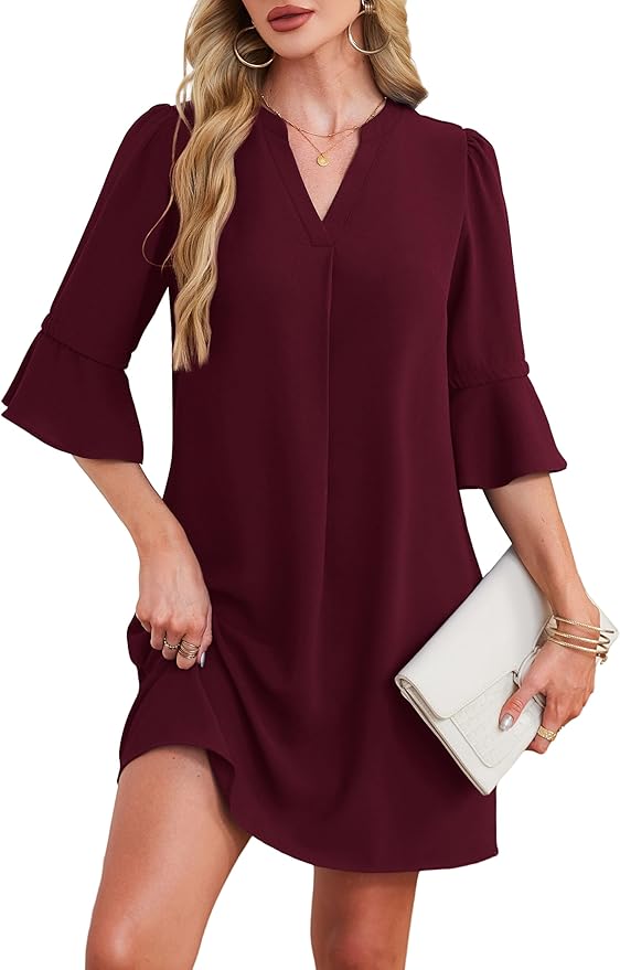 RUMIA Shift Dress for Women V Neck Ruffle Short Sleeve Loose Casual Summer Dress