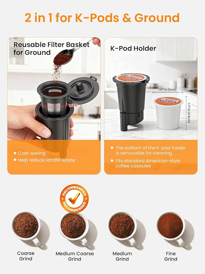 Karosie K Cup Coffee Maker with Strong Brew Setting, 50oz Removable Tank, 6-14 oz Brew Sizes Hot & Iced Coffee Machine for K-Cup and Grounds, Descaling Reminder, Stainless Steel,Black
