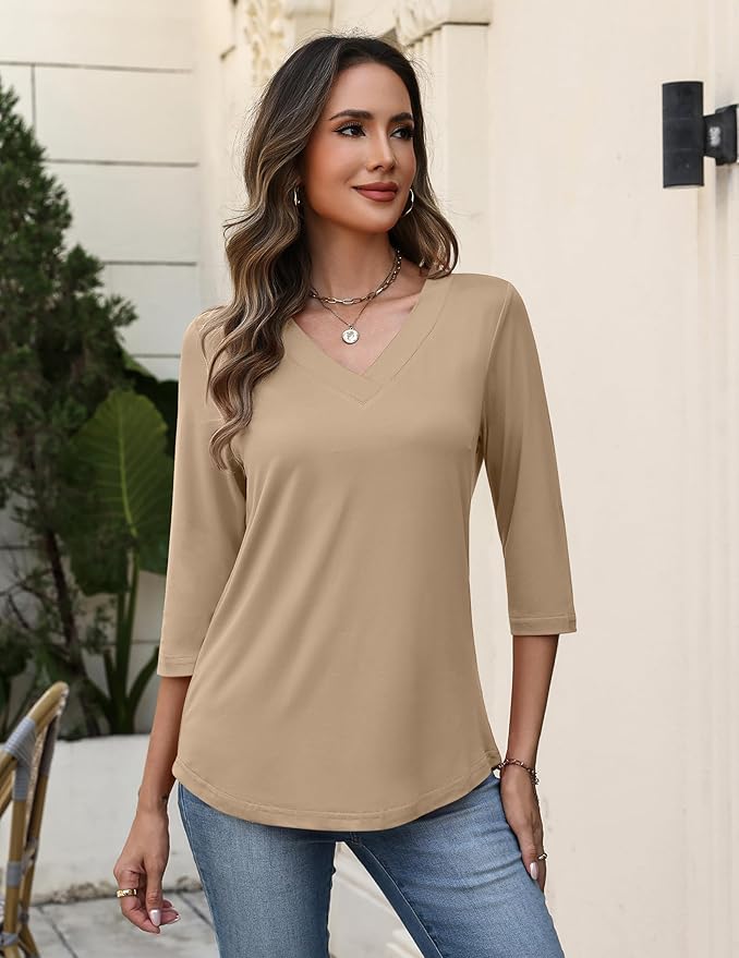 Zeagoo 3/4 Length Sleeve Womens Tops V Neck Shirt Dressy Casual Blouse Basic Tshirts 2026 Fashion Clothing S-2XL