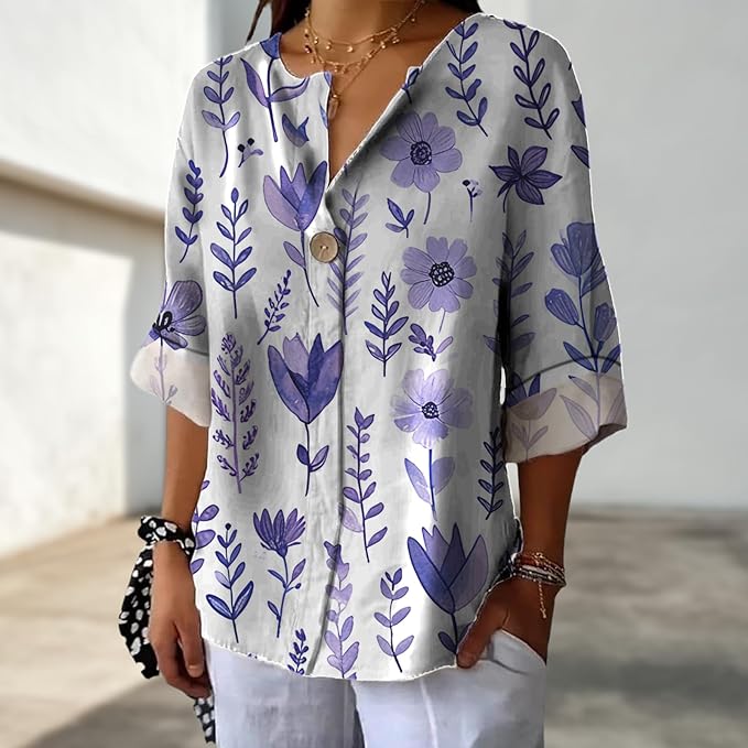 Long Sleeve Shirts for Women V Neck Button Boho Graphic Blouses Casual Collared Fashion Summer Flowing Tops