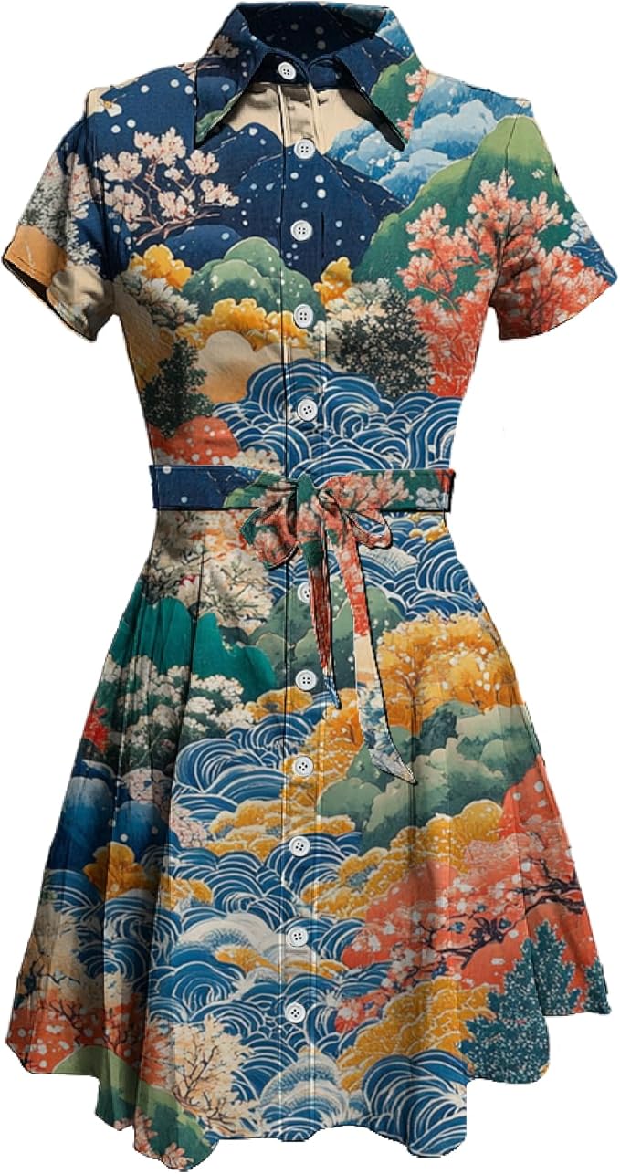 MARSVOVO Vintage Retro Shirt Dress for Women Short Sleeve Button Down Tie Waist Elegant Smocked Knee Length Dress