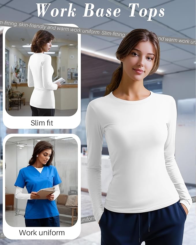 4 Pack Women's Underscrub Shirts Nurse Undershirts Long Sleeve Crewneck Slim Fit Tops Soft Stretchy Basic Tee