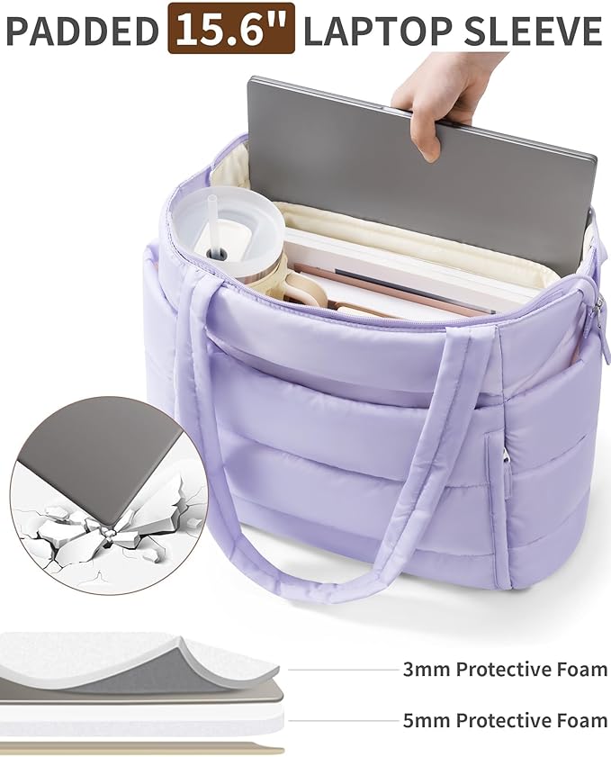 Puffer Tote Bag for Women, Lightweight Puffy Work Handbag Teacher Nurse Quilted Shoulder Bag for School Travel Gym | Quilted, with Zipper, Daily Carry On Bags, Comfy College Bags, 15.6" Laptop Sleeve, Cup Holder Pocket, Portable, Spacious