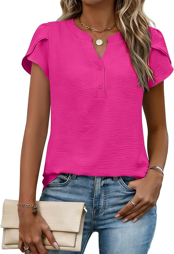Zeagoo Womens Tops Dressy Casual Textured Blouses Cap Short Sleeve Shirts V Neck Button Up Summer Spring Work Tshirt Clothes