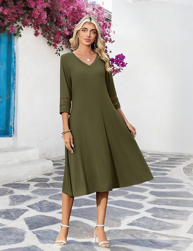 Zeagoo Women's Dresses 3/4 Sleeve Summer Casual V-Neck A Line Flowy Eyelet Midi Dress for Women Beach Vacation Sundress