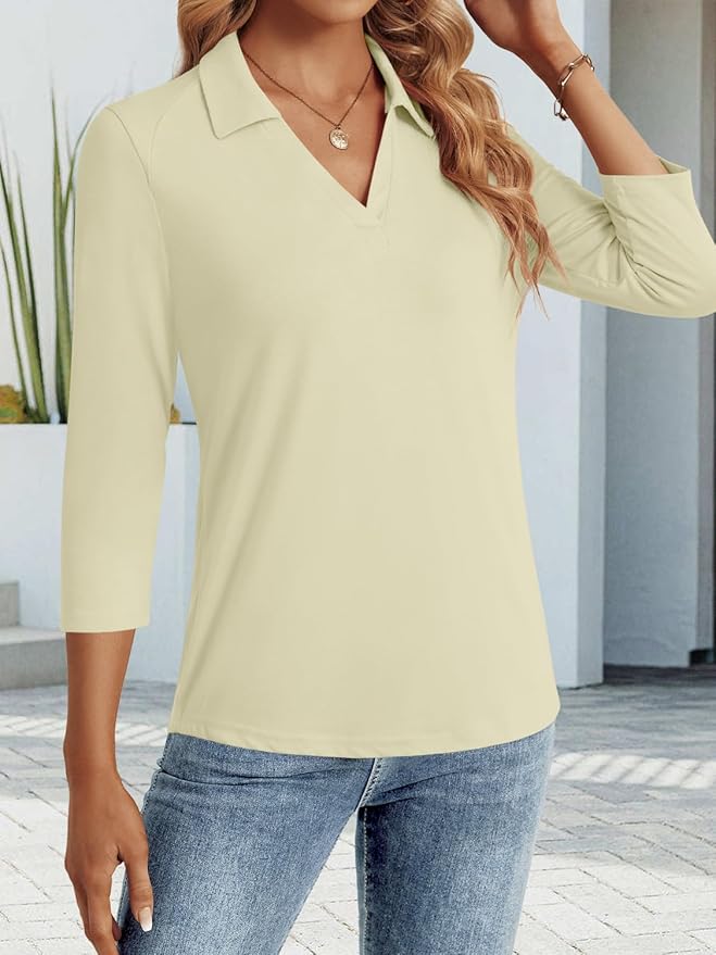 3/4 Length Sleeve Womens Tops Dressy Casual V Neck Polo Shirts Business Work Blouses 2025 Trendy Tunic Top