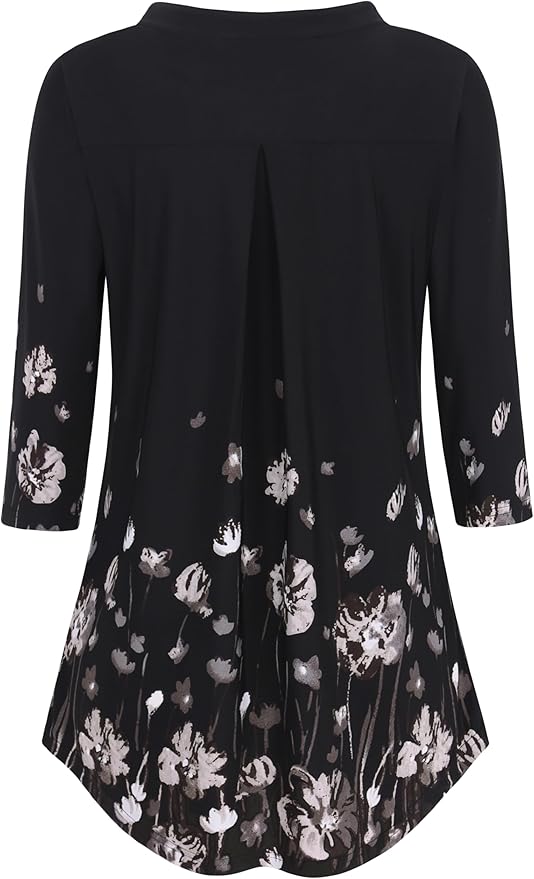 BAISHENGGT 3/4 Sleeve Tops for Women Notch V Neck Floral Work Blouses Dressy Casual Loose Fit Going Out Tunic Tops
