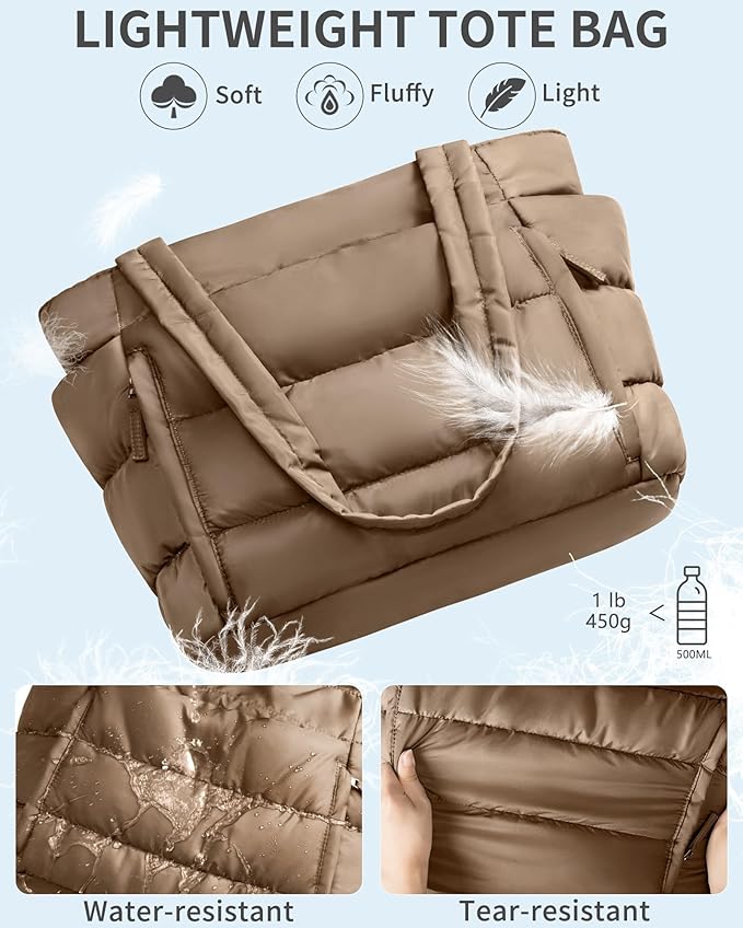 Puffer Tote Bag for Women, Lightweight Puffy Work Handbag Teacher Nurse Quilted Shoulder Bag for School Travel Gym | Quilted, with Zipper, Daily Carry On Bags, Comfy College Bags, 15.6" Laptop Sleeve, Cup Holder Pocket, Portable, Spacious