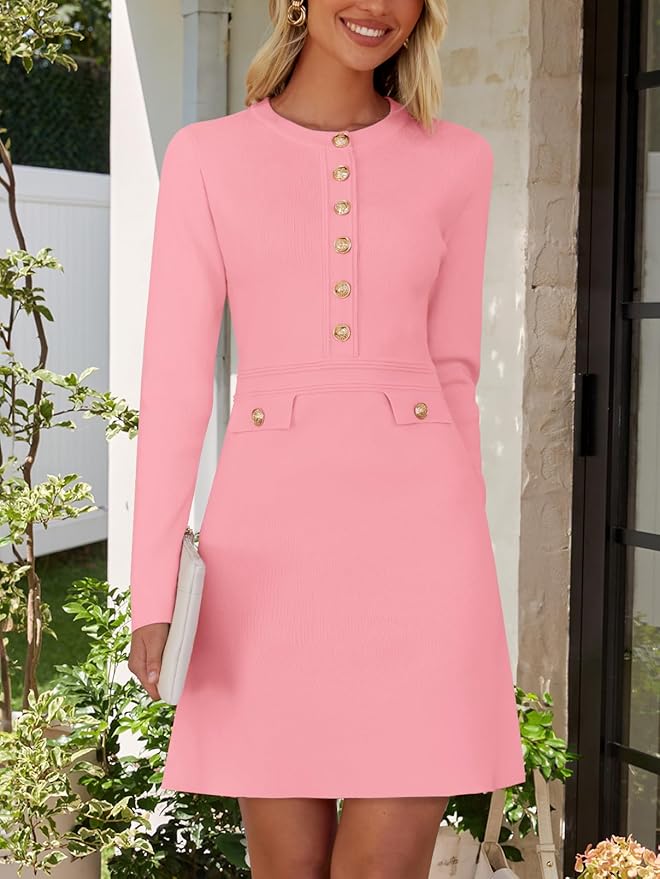 NENONA Women's 2026 Long Sleeve Fall Winter Sweater Dress Spring Fashion Button Elegant Business Casual Work Mini Dresses