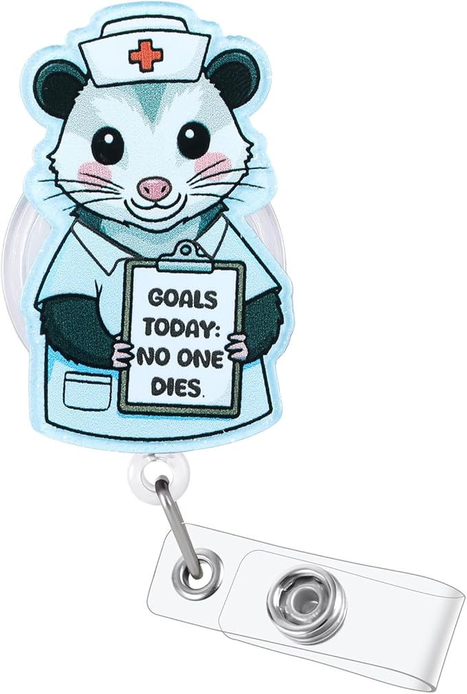 Goals Today: No One Dies Opossum Funny Nurse Badge Reel, Cute Retractable ID Medical Work Badge Holder, Name Tag Badge Buddy for RN MA PCA CNS Critical Care Nurse ED CCM Onc NICU ICU Student Doctor