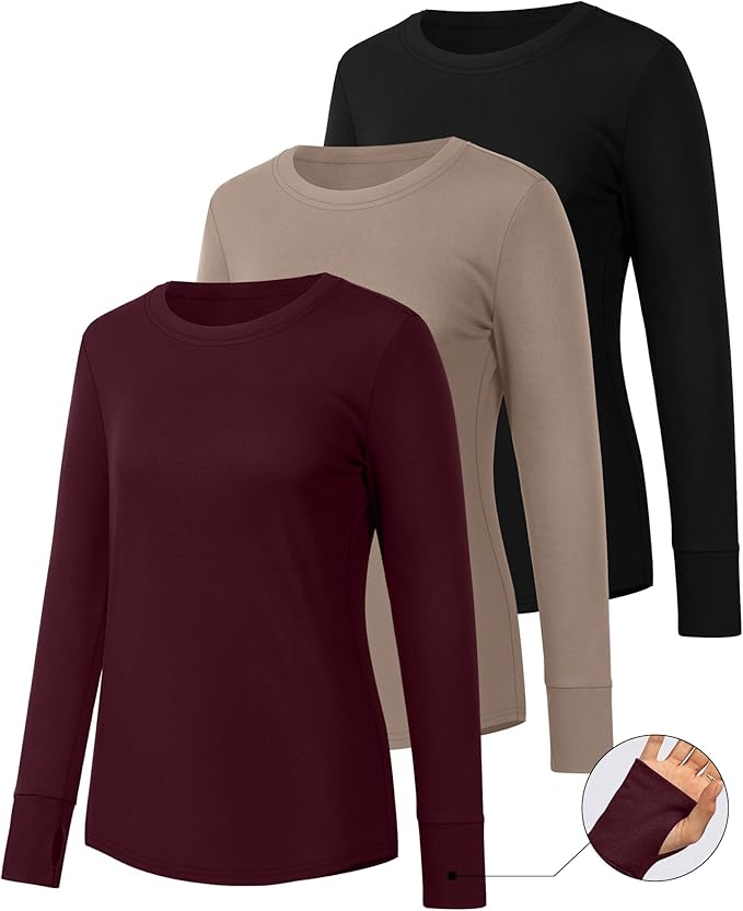 Huukeay 3 Pack Women's Long Sleeve Shirts with Thumb Holes, Cotton Casual Crew Neck Tunic Tops Fall Loose Y2k Trendy Outfits
