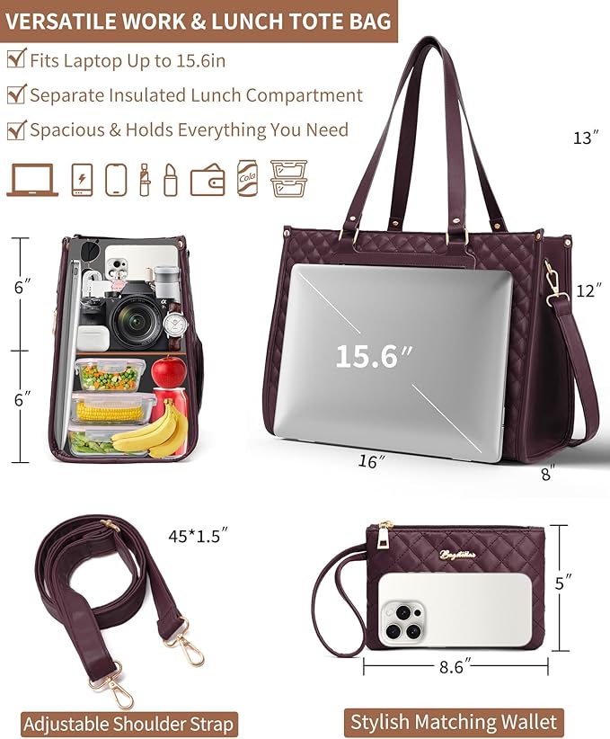 Lunch Tote Bag for Women, 15.6 Inch Laptop Work Bag with Insulated Lunch Box Compartment & Purse Large Capacity Quilted Computer Handbag for Office Business Work Nurse Teacher Travel Casual