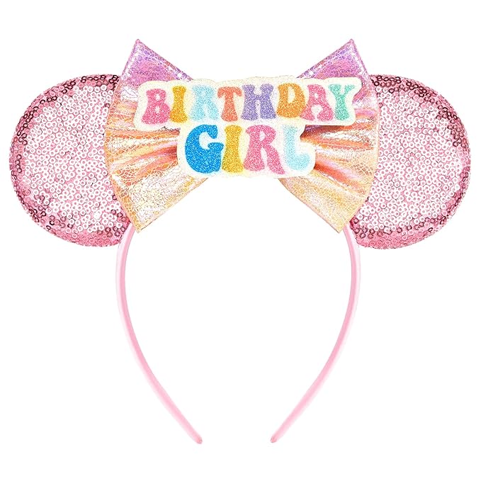 HAMUTH Birthday Girl Headband, Mouse Ears Headband Hairs Accessories for Women Girls,Princess Birthday Decorations for Party Trip Parks Cosplay Accessories