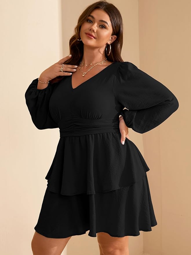 RWJ Plus Size Dresses for Curvy Women V Neck Long Sleeve Elastic Waist Fall Wedding Guest Layer Casual Mini Dress