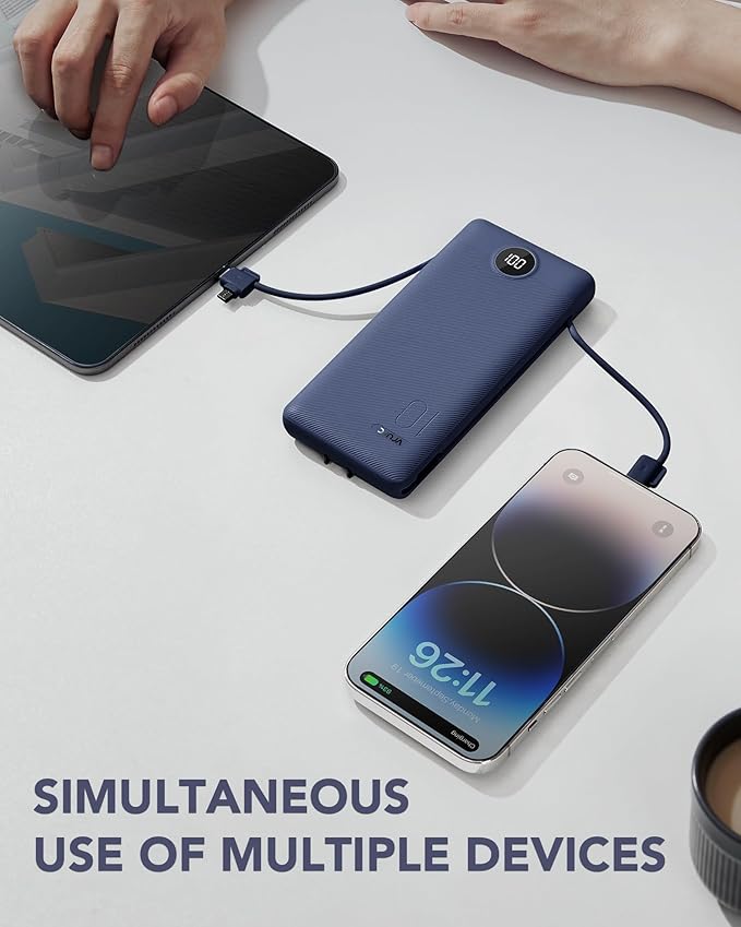 VRURC Portable Charger Built-in Cables and AC Wall Plug, USB C Power Bank 10000mAh, Travel Battery Portable Phone Charger Compact Lightweight External Battery Pack for Smart Phones, Tablets etc-Navy