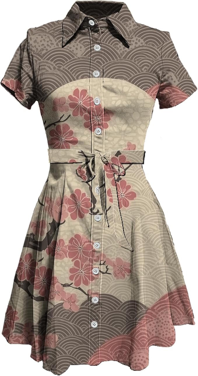 MARSVOVO Japanese Art Shirt Dresses for Women Short Sleeve Ruffle Button Down Tie Waist Trendy Elegant Midi Dress