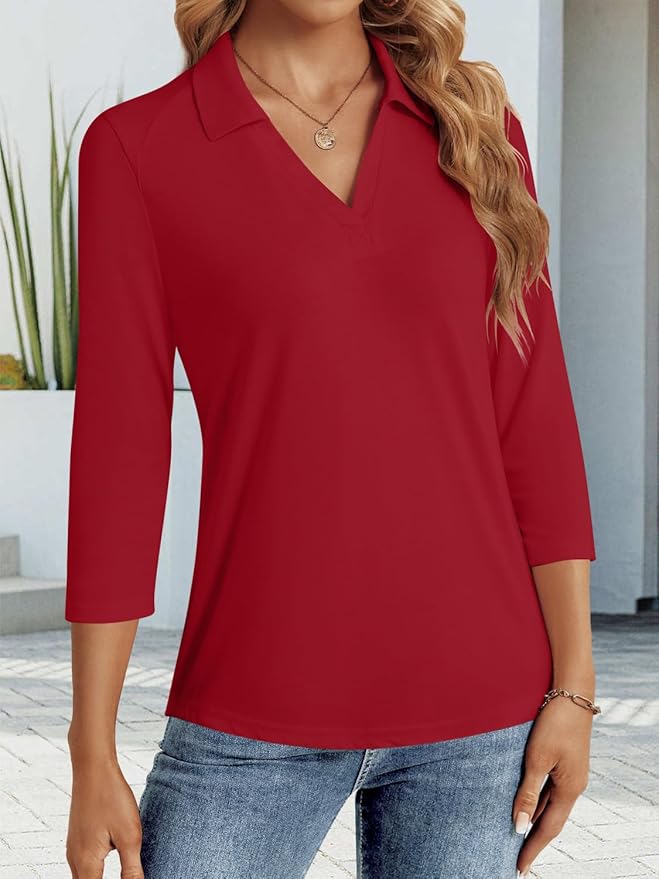 3/4 Length Sleeve Womens Tops Dressy Casual V Neck Polo Shirts Business Work Blouses 2025 Trendy Tunic Top