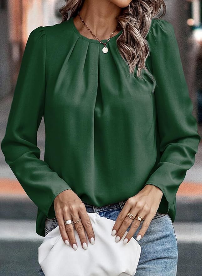 Samefar Womens Tops Dressy Casual Pleated Crew Neck Long Sleeve Shirts Office Work Chiffon Blouses