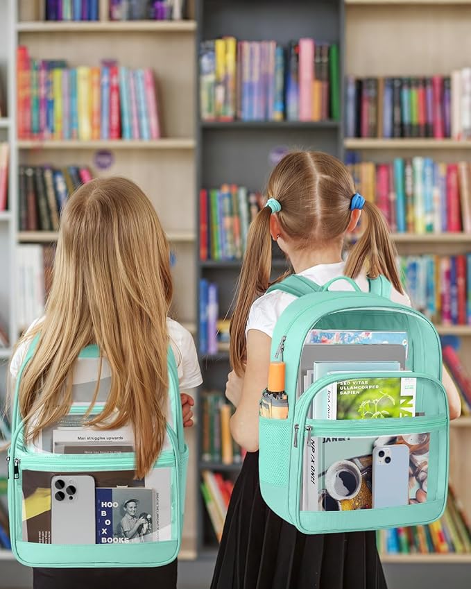 KIMNERPU Clear Backpack, Heavy Duty Transparent Bookbag for School, Fabric & PVC Transparent Backpack with Reinforced Strap for Women Men, Capacity Clear Bag for College, Turquoise