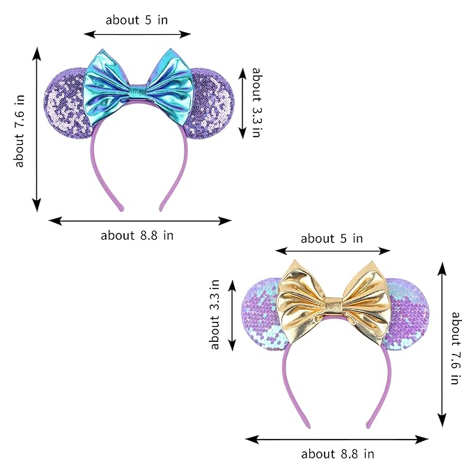 zhezesmila 2 Pcs Shiny Mouse Ears Headbands, Mermaid Mouse Ears headbands with Bow Hairs Accessories for Girls Women Adult Kids Birthday Party