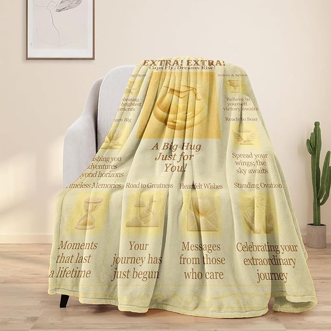 Graduation Blanket, 60x50 Soft Flannel Throw, Newspaper-Style Keepsake Gift for Her or Him, Retro Newsprint Aesthetic, Dorm Send-Off, Beige-Gold Inspirational Quotes