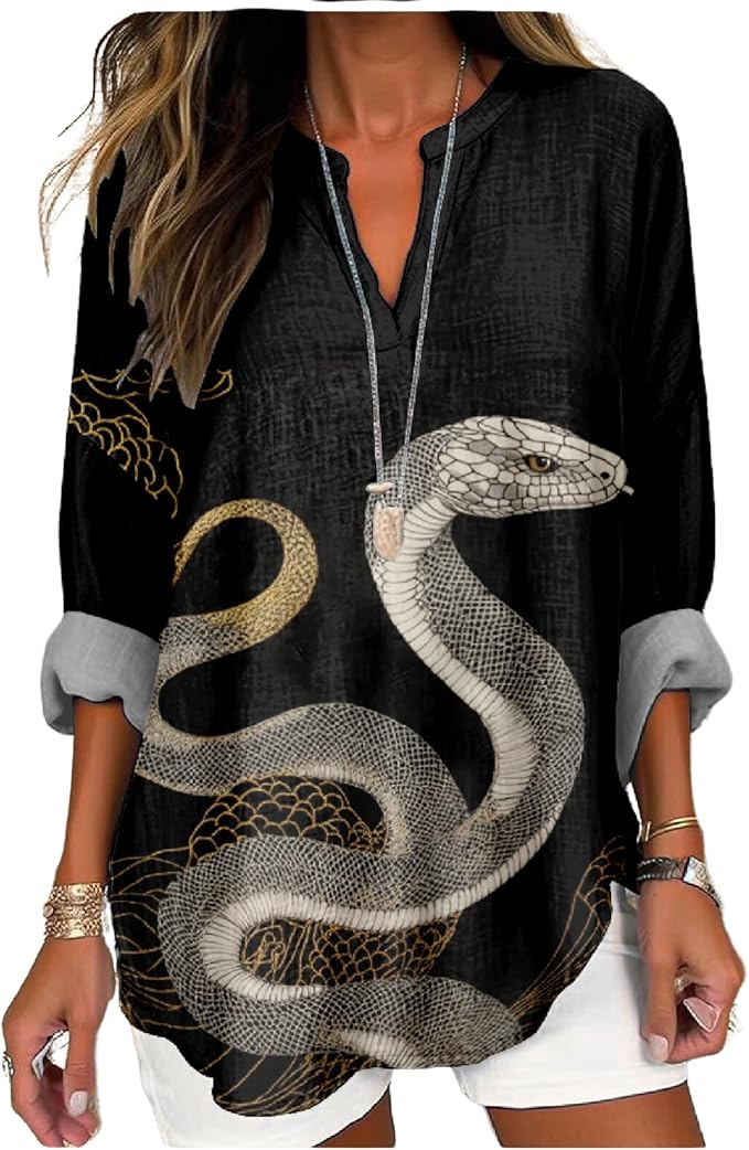 MARSVOVO V Neck Shirt For Women Boho Multi Style Blouse Long Sleeve Novelty Graphic Plus Size Pullover Tops For Women