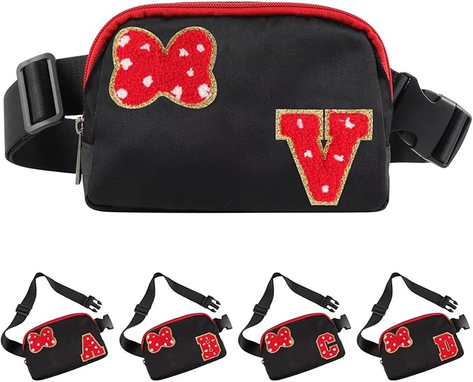 Initial Letter Bow Mouse-Ear Fanny Pack for Teen Girls,Cute Chenille Belt Bag Crossbody Travel Waist Pack for Women&Kids,Personalized Gift for Theme Park,School & Travel, Birthday Christmas(V)