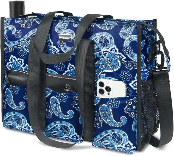 TOPDesign Utility Water Resistant Tote Bag with 22 Pockets, Top Zipper Closure & Thick Bottom Support, for Working Women