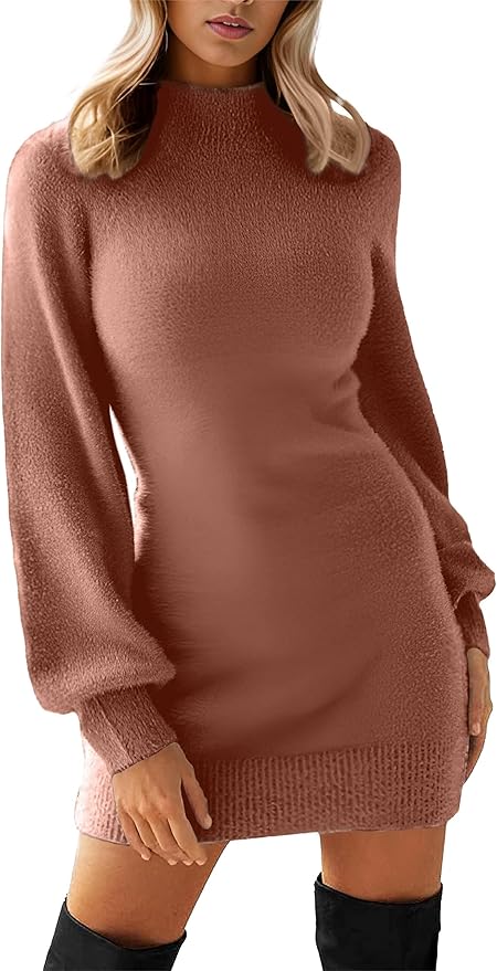 GRECERELLE 2026 Women's Mock Neck Ribbed Long Sleeve Bodycon Pullover Cute Mini Sweater Dress (XS-2XL)