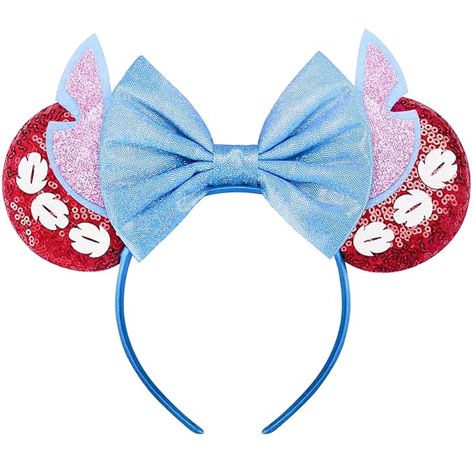 RAZKO Hairband, Stitch Red Minnie Ears Headband with Sequin Shiny Ears and Bow for Women Girls Hair Accessories, One Size Fits All, 16 Headbands Available