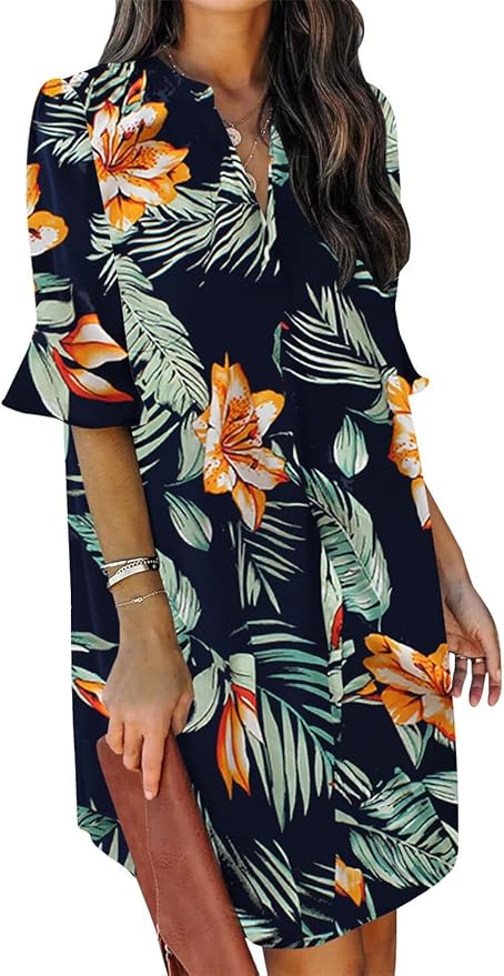 QACOHU Summer Dresses for Women V Neck Ruffle Short Sleeve Casual Shift Dress