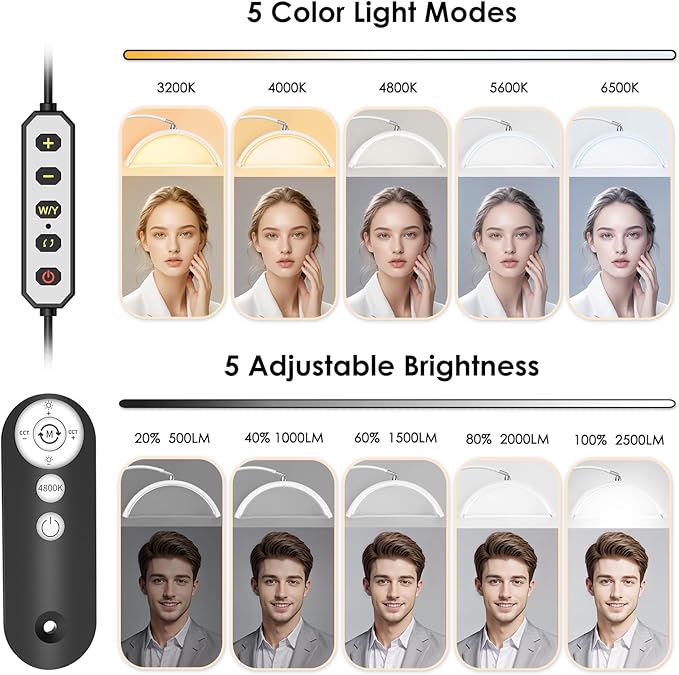 Half Moon Light for Lash Tech, Lash Lamp with Phone Holder for Eyelash Nail Art Tattoos Skincare, 5 Color Temperatures & Brightness Setting LED Floor Lamp Esthetician Light