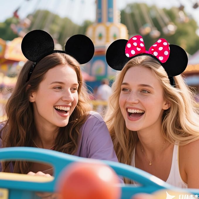MADO 2 pack mouse ears headbands for adults women little girls boys (black fuchsia polla dot, onesize)