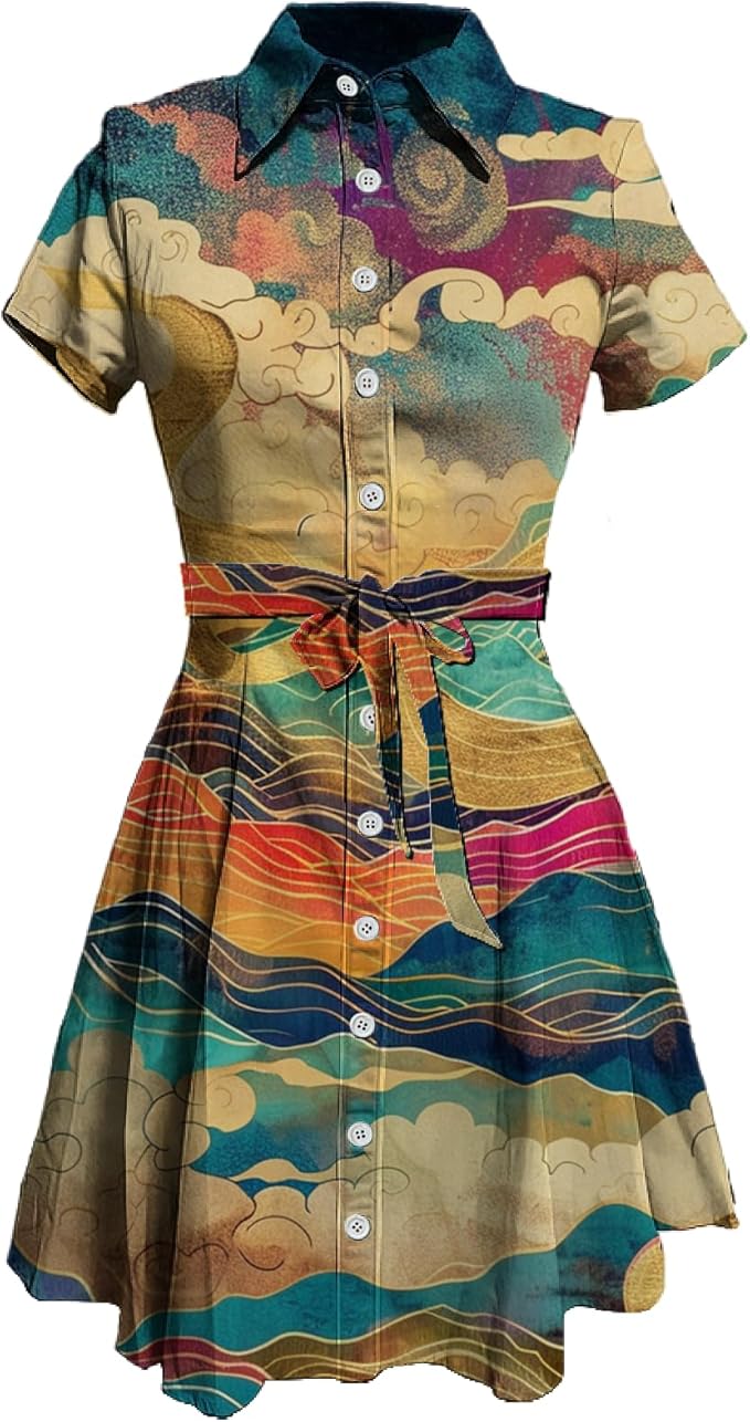 MARSVOVO Vintage Retro Shirt Dress for Women Short Sleeve Button Down Tie Waist Elegant Smocked Knee Length Dress