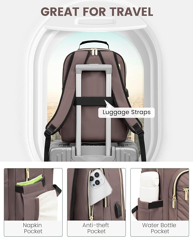 LOVEVOOK Laptop Backpack for Women, Large Capacity Travel Computer Work Bag with 17-inch Laptop Compartment, Business Nurse Backpack Purse, Hiking Outdoor Carry On Backpack, Brown