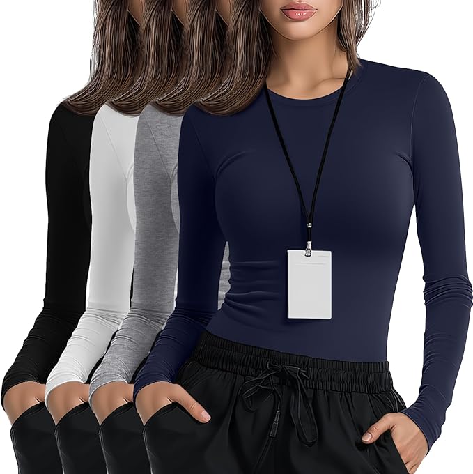 4 Pack Women's Underscrub Shirts Nurse Undershirts Long Sleeve Crewneck Slim Fit Tops Soft Stretchy Basic Tee