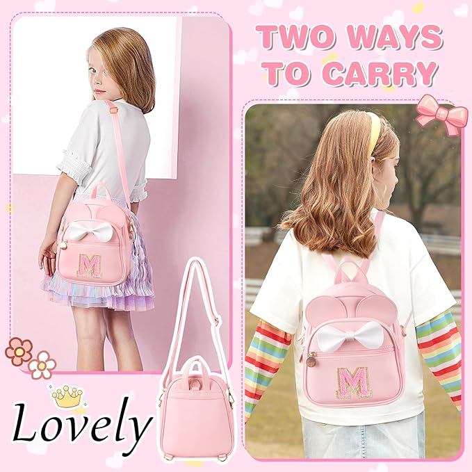 UIXIZQ Personalized Toddler Backpack for Girls 3–10, Cute Mini Bowknot Mouse-Ear Toddler Bookbag Crossbody Purse, Small Daypack Wallet Set, Initial Birthday Gift, Trendy Little Kids/Teen Bag(Pink,M)