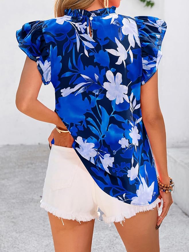 PRETTYGARDEN Women's Ruffle Short Sleeve Summer Tops 2026 Trendy Floral Trim Neck Casual Dressy Chiffon Boho Blouses Shirts