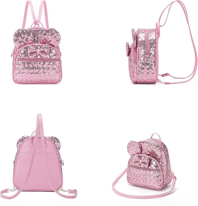 KL928 Girls Mini Backpack Bowknot Polka Dot Cute Daypacks Convertible Shoulder Bag Purse for Women (Sequin Pink)