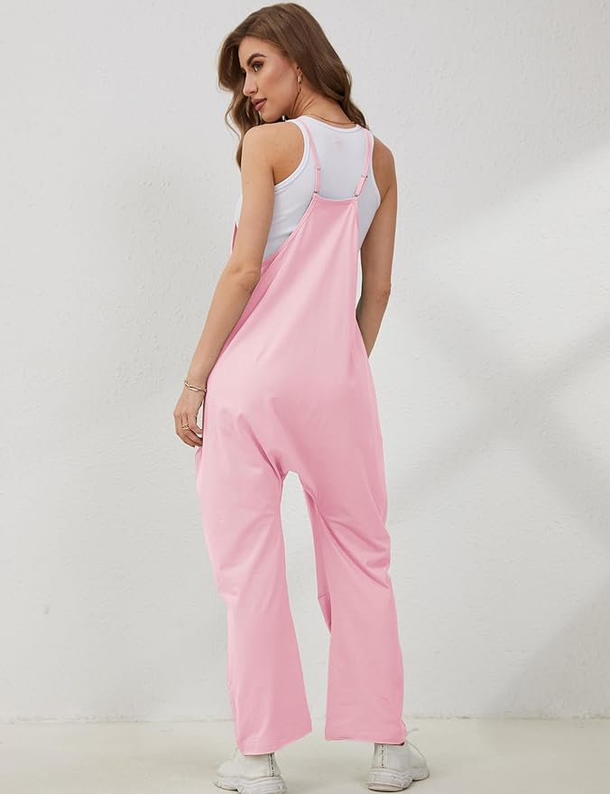 Lentta Women's Causal Jumpsuits V Neck Sleeveless Harem Overalls Stretchy Adjustable Strap Romper with Pockets