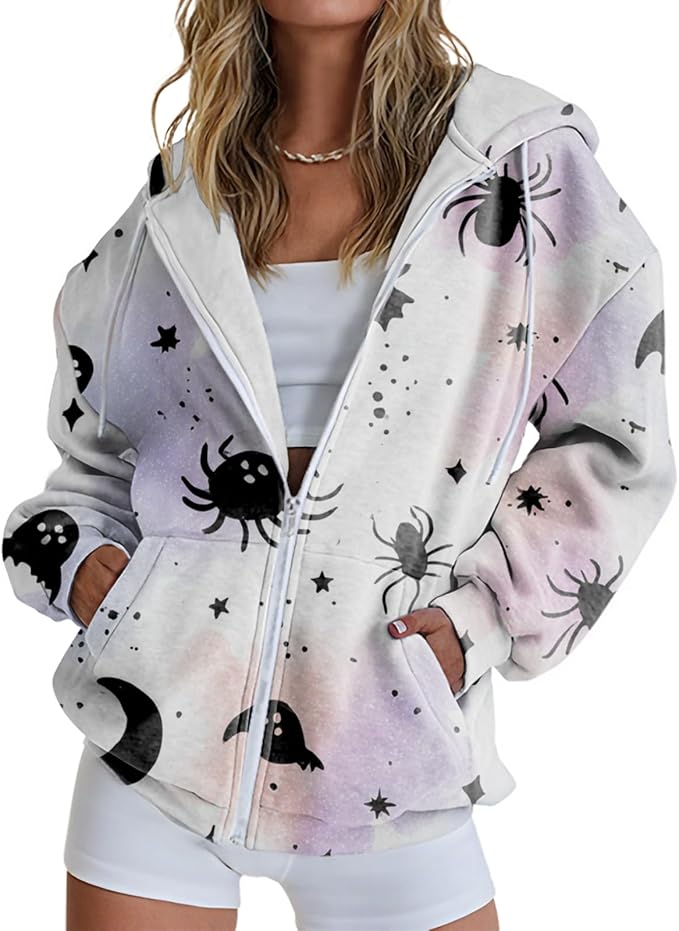 domirica Halloween Hoodie Lightweight Zip Hoodies For Women Fall Casual Vintage Sweatshirt Casual Wear Fashion Outfits