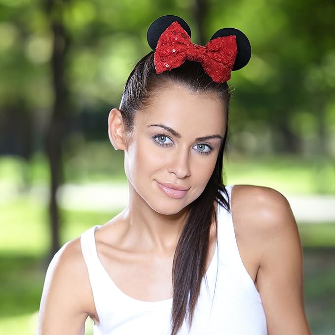Styla Hair 2pk Mouse Ear Scrunchies for Kids Velvet Hair Bow Scrunchies for Women - Sparkle Sequins Mouse Hair Bands for Pony Tail (Red Black)