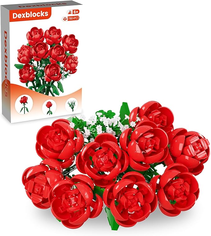 Dexblocks 780 PCS Red Rose Building Flower Bouquet Kit for Adults & Kids, DIY Artificial Flowers Set for Home Decor, Desk Display, Gifts for Women, Girls (Rose)
