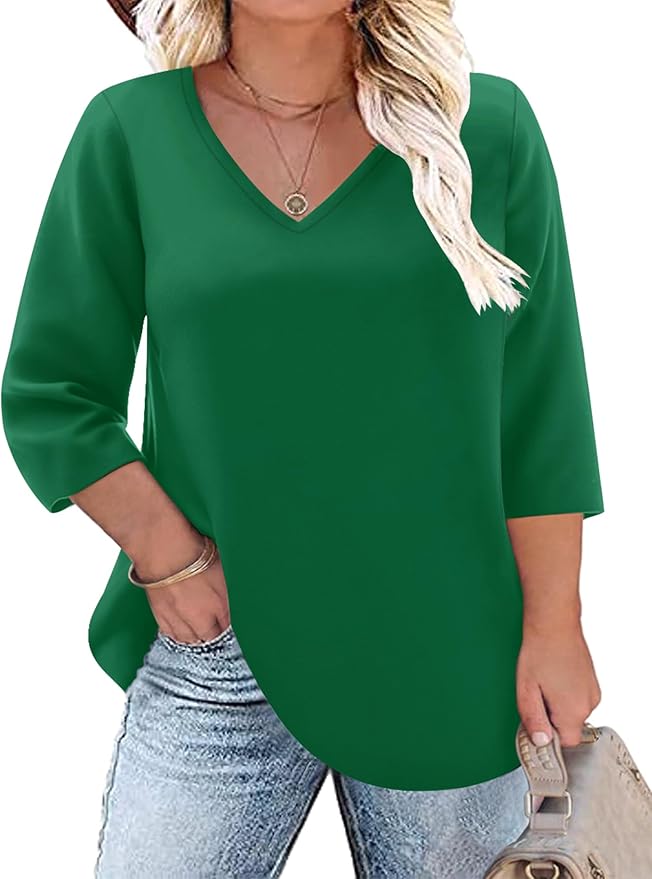 TFSDOD Womens Plus Size Tops V Neck T Shirts 3/4 Sleeve Blouse Summer Casual Tees XL-5X