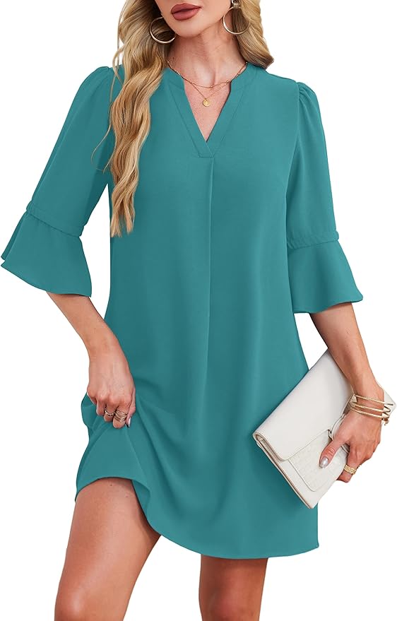 RUMIA Shift Dress for Women V Neck Ruffle Short Sleeve Loose Casual Summer Dress