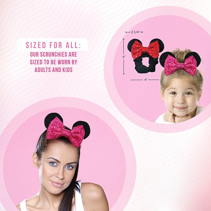 Styla Hair 2pk Mouse Ear Scrunchies, Hot Pink Solid Red - Velvet Hair Bow Scrunchies for Women with Sparkle Sequins, Mickey Mouse Ears for Pony Tail
