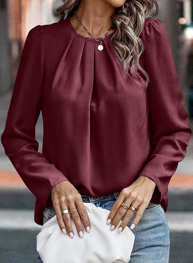 Samefar Womens Tops Dressy Casual Pleated Crew Neck Long Sleeve Shirts Office Work Chiffon Blouses