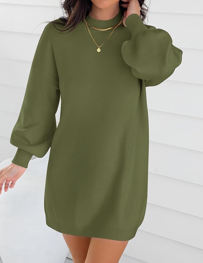 ZESICA Women's 2026 Fall Turtleneck Sweater Dress Oversized Long Lantern Sleeve Casual Knit Pullover Mini Dresses