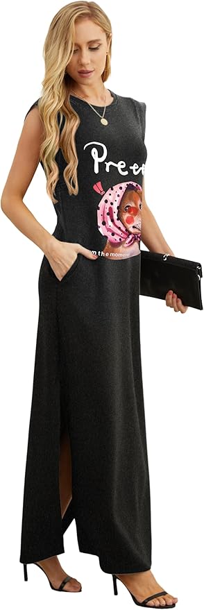 GRECERELLE 2026 Women Year-Round Casual Round Neck Loose Split Wrinkle-Free Long Maxi Vacation Dress with Pockets (XXS-4XL)