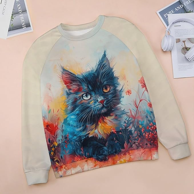 Spatofa Womens novelty funny cat printed crewneck sweatshirt casual loose long sleeve graphic pullover sweatshirts tops